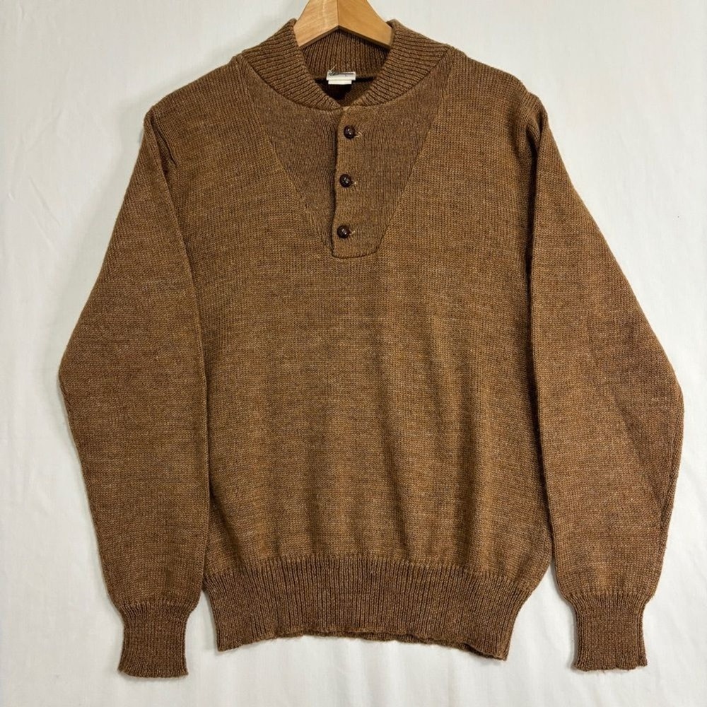 Vtg Levi's Sweater Men L Brown 70s Henley Wood Button Retro Academia Grandpa Dad